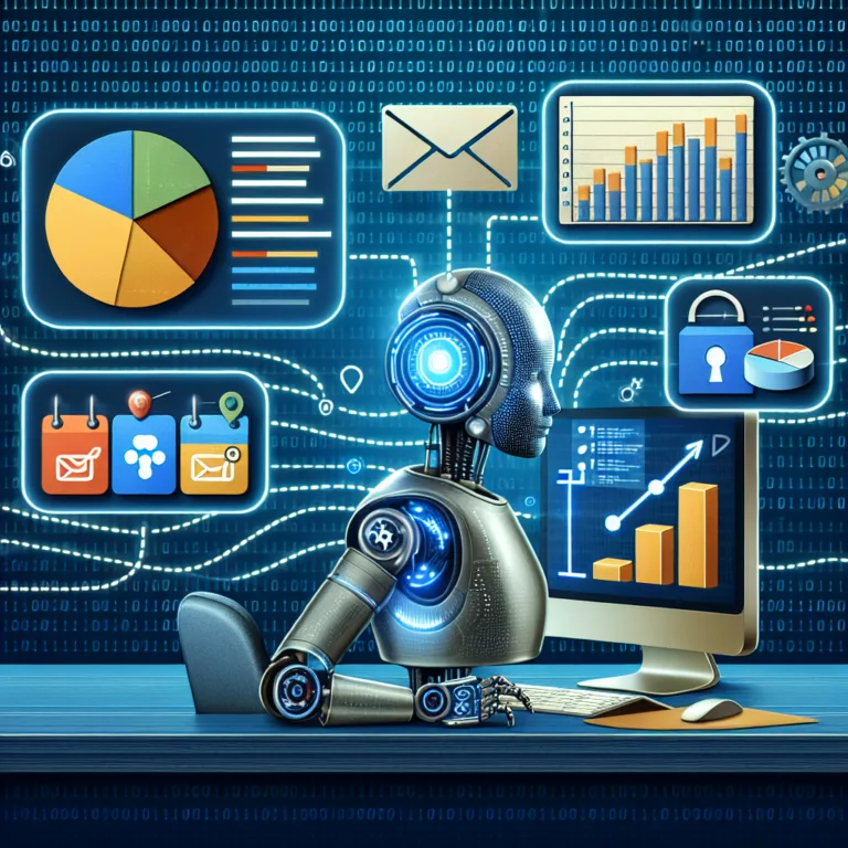 A robot sits at a computer surrounded by floating icons of charts, emails, and security, symbolizing data management and digital communication. This scene captures the essence of a WordPress agency in Australia, expertly blending technology and creativity to enhance digital interactions.
