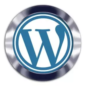 A round logo with a metallic border featuring a large blue