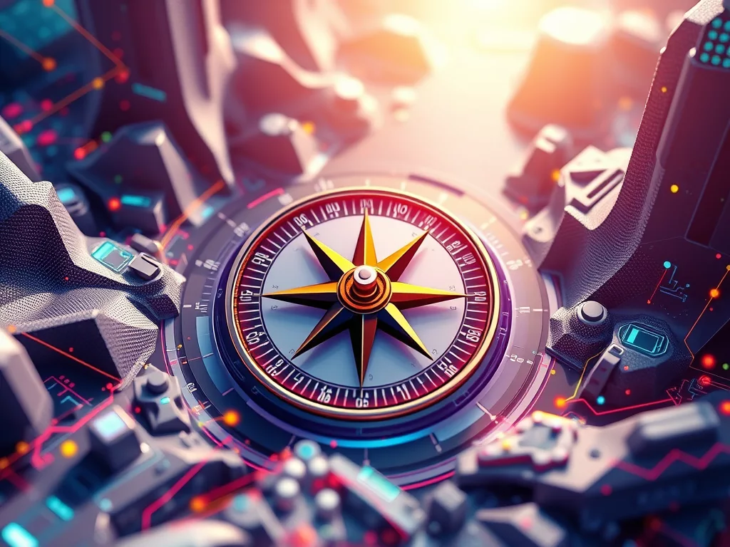 A detailed compass is positioned at the center of a futuristic, digital landscape with circuit-like pathways and glowing accents, symbolizing navigation through an AI-driven search era inspired by the June 2025 Core Update.